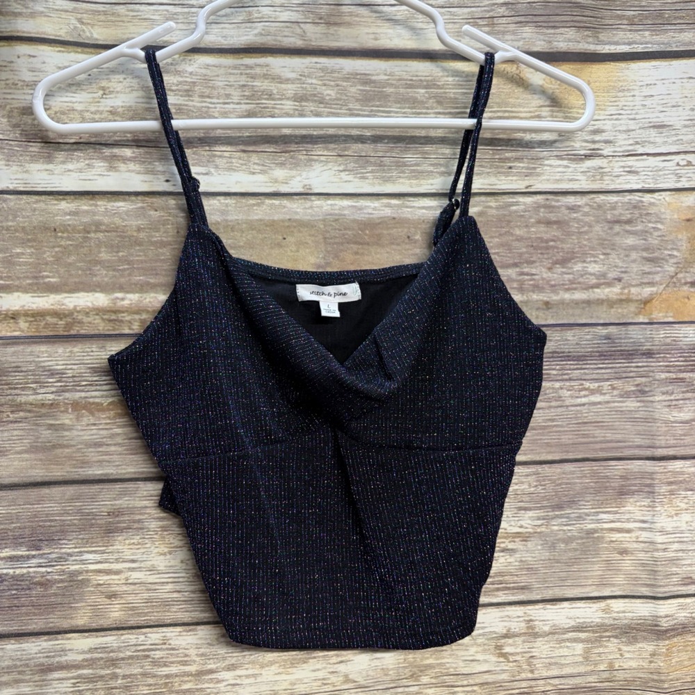 Stitch & Pine Women Navy Metallic Glitter Cowl Neck Crop Top Large